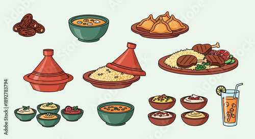 Assorted Moroccan cuisine delicacies and drinks displayed on various dishes and bowls in a vibrant vector illustration