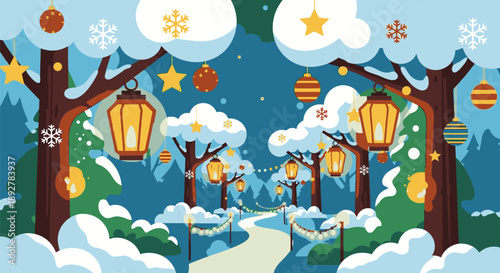A serene winter landscape illustration featuring a pathway, trees, and lanterns under a starry night sky with festive decorations