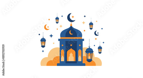 Vector illustration of a mosque with crescent moon and stars surrounding it in a festive atmosphere