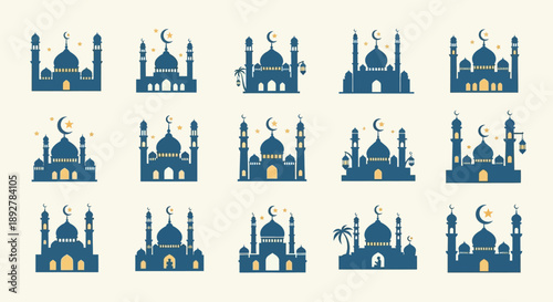 Vector illustration of various mosque icons arranged in a grid pattern, showcasing different architectural styles and cultural significance