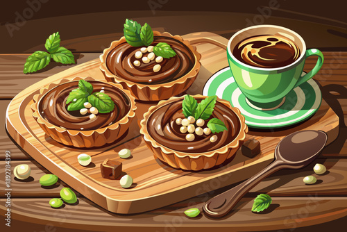 Three chocolate hazelnut tarts with a ganache swirl with whole hazelnuts and mint on a rustic wooden board with a spoonful of steaming black coffee.