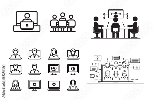 Collection of icons representing online meetings and video conferencing