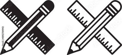 A pair of crossed drafting tools a ruler and pencil are illustrated in black and white appearing twice