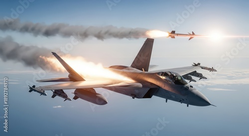 Modern fighter jet in action, launching a missile with flares deploying, showcasing advanced military aviation and defense technology in a clear blue sky.