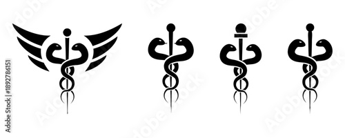 Set of four caduceus medical symbols with snakes and wings, variations of Rod of Asclepius, healthcare and pharmacy emblem icons, healthcare professional symbols