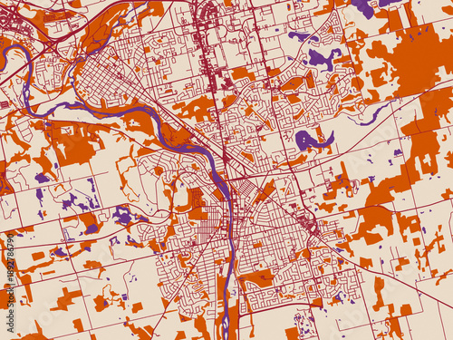 Street map of Cambridge, Ontario in burgundy linework on cream