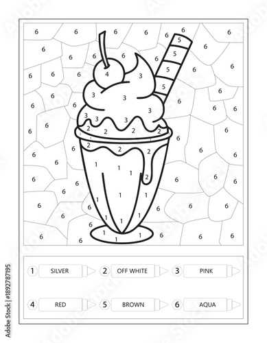 Ice Cream Sundae Color by Number Educational Sheet for Kids