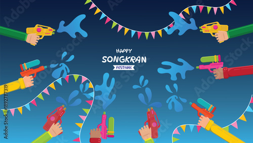 Colorful Flat Songkran Festival Thailand Background with Blue Water Splash Shapes, Hands Holding Water Guns, and Rainbow Bunting Flags for Holiday Banner Poster