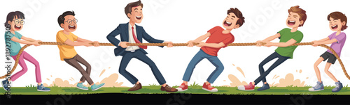 Teamwork tug of war illustration, happy diverse people pulling rope together, cooperation unity competition concept, fun cartoon style, isolated white background