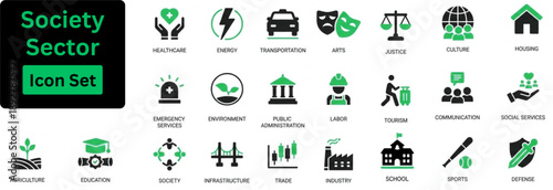 Silhouette vector of Sector of society icon set. Society Sector icon set. Icon of agriculture, education, healthcare, energy, technology, transportation, arts, justice and more.