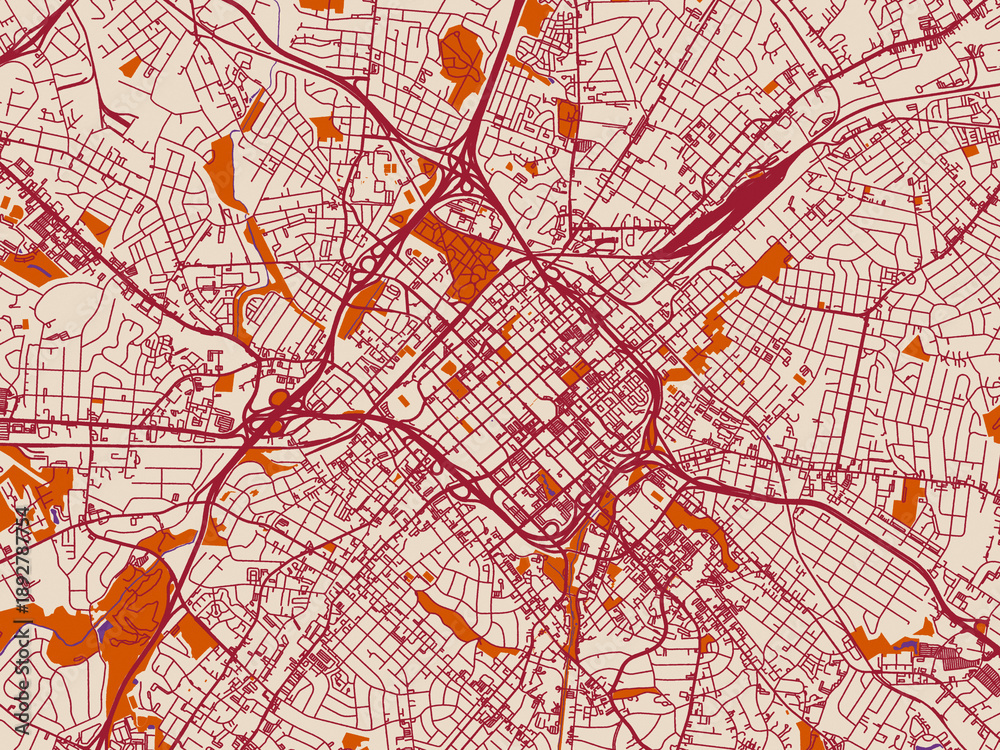 Obraz premium Street network map of Charlotte Center, North Carolina, terracotta and violet accents
