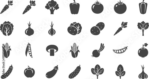 Variety of fresh vegetables and fruits icons in black and white