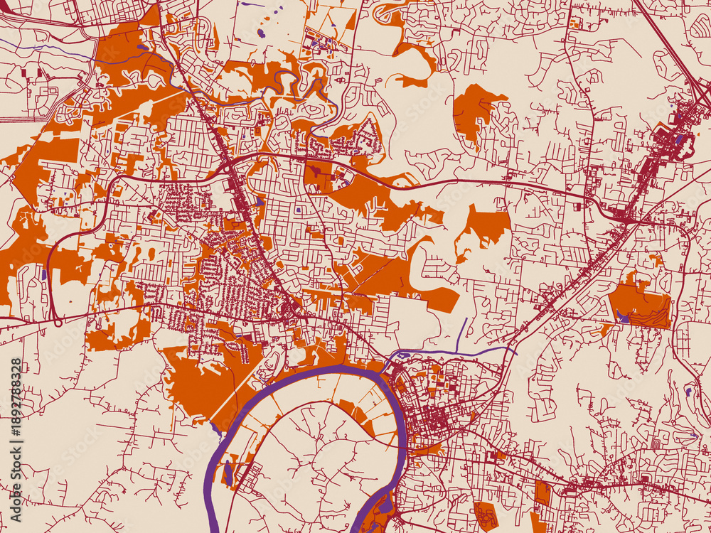 Fototapeta premium Street network map of Clarksville, Tennessee, burgundy linework on cream