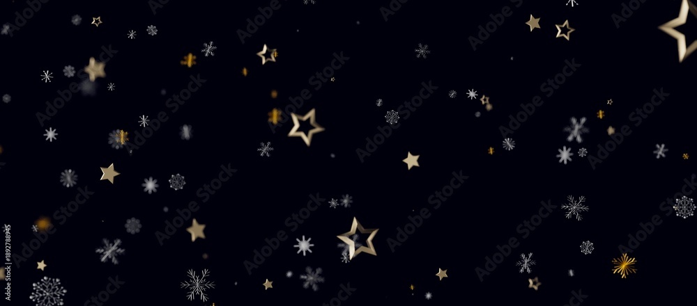 Fototapeta premium Abstract design with golden stars and snowflakes in motion on a dark blue background. Perfect for Christmas or