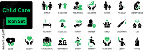 Silhouette vector of Child Care icon set. Family and relationships icon set. parents, children, hands, hearts, home, people, love, care, Pregnancy and baby care. 