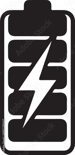 A simple black and white illustration depicts a battery with four filled segments and a lightning bolt high quality