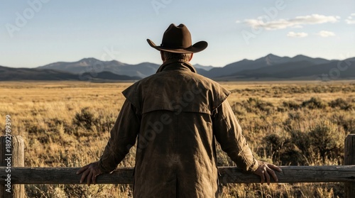 Man wearing a cowboy hat and brown jacket leans against a wooden fence, gazing at expansive grassland and distant mountains under a clear sky during golden hour in a rural western setting