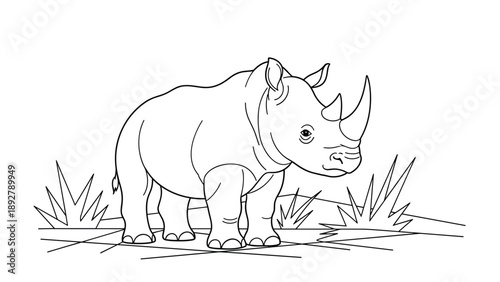 Line art illustration of a rhinoceros standing in a grassy field designed as a coloring page for children and students.