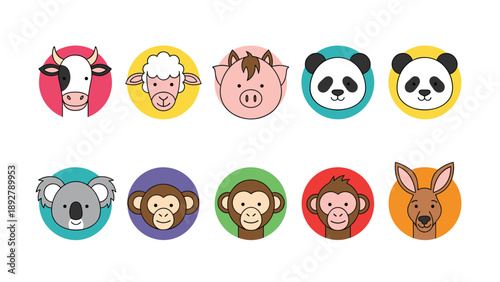 Set of ten cute animal face icons representing different species like cows, pigs, monkeys, and pandas in colorful circles.