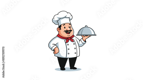 Cheerful chef in a white uniform and tall hat holding a silver serving platter cloche while smiling for a restaurant.