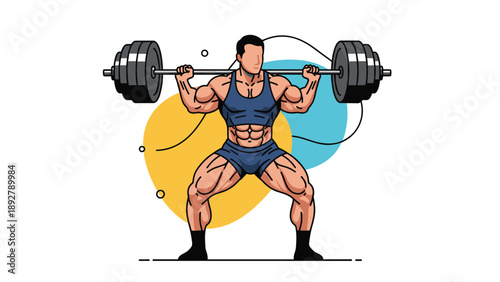 Athletic man performing heavy barbell squats in a gym setting with abstract colorful circles in the background for fitness.