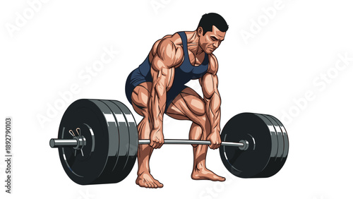 Strong muscular man performing a heavy deadlift with a barbell in a dynamic pose against a plain white background design.