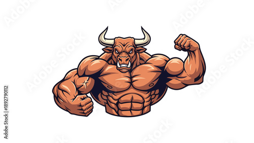 Fearsome muscular bull mascot flexing its massive bicep and chest muscles in a powerful and dynamic gym workout pose.