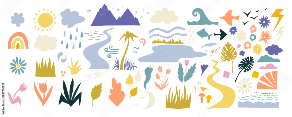 Fototapeta premium Set of hand drawn doodle spring, summer, autumn and winter pictograms and icons. Weather, nature, plants and flowers elements, vector illustration.