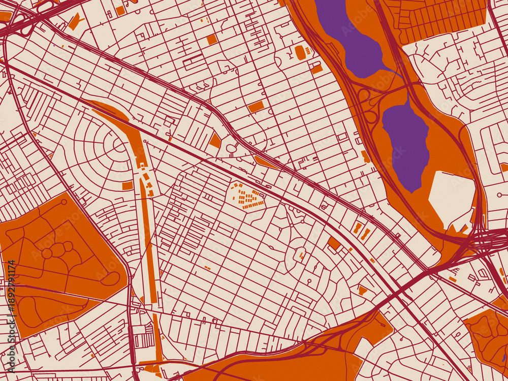Obraz premium Cartographic city illustration of Forest Hills, New York — warm neutral background with burgundy linework streets, terracotta blocks and violet water contrast