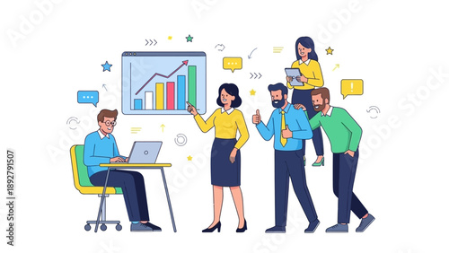 Team analyzing business graph on laptop and screen.