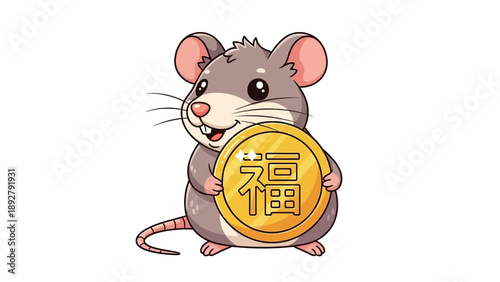 Cartoon Mouse Holding Golden Coin with Chinese Character.