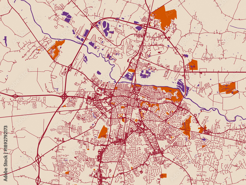 Fototapeta premium City map of Greenville, North Carolina – terracotta and violet accents