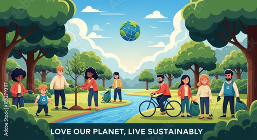 Diverse group of people engaging in eco-friendly activities in a park