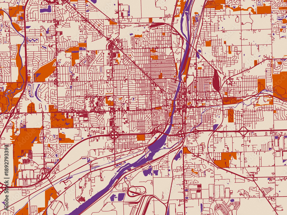 Obraz premium Urban map poster of Joliet, Illinois with warm ivory base with deep wine street grid, clay-orange areas and dusky purple waterways