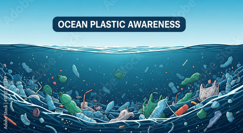 Ocean pollution with plastic waste and debris underwater