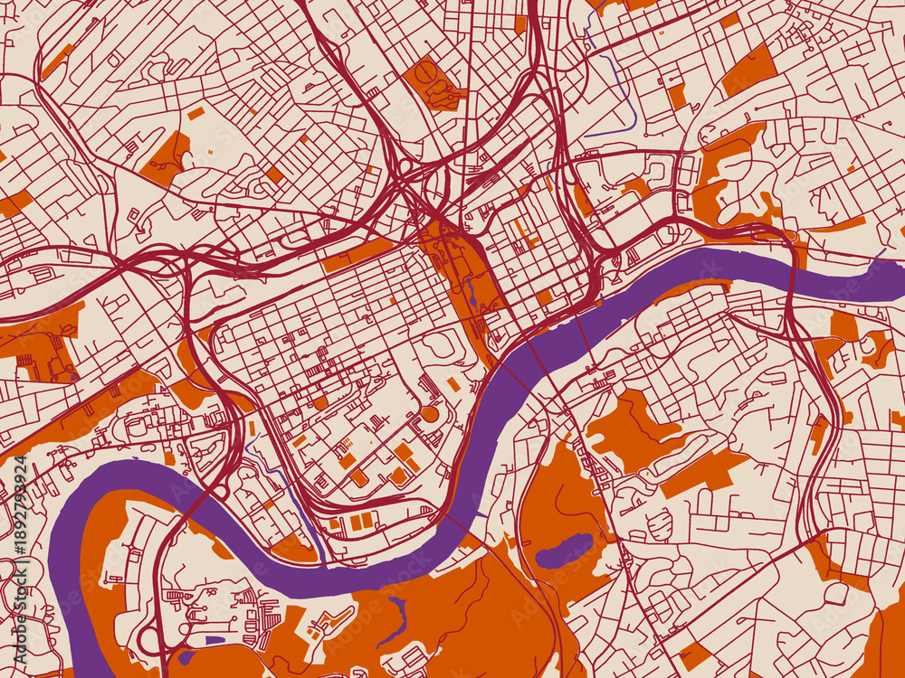 Obraz premium City map of Knoxville Center, Tennessee — warm neutral background with burgundy linework streets, terracotta blocks and violet water contrast