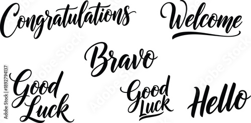 Calligraphy lettering words set, congratulations welcome bravo good luck hello text design, modern cursive typography, inspirational quotes vector art, black