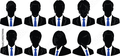 Business team silhouettes, corporate professionals, blue tie attire, office staff, teamwork concept, leadership, diversity, formal dress, unity, success
