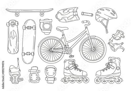 Black and white line art illustration of bicycles skateboards roller skates and protective gear