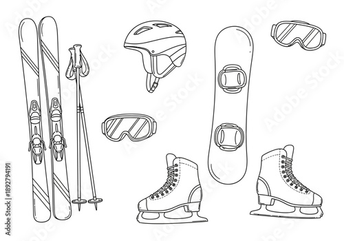 Black and white line art illustration of various winter sports equipment