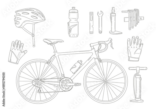 Line art illustration of a road bicycle and cycling accessories
