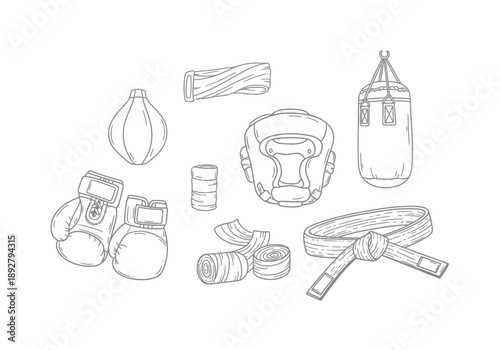 Line art illustration of boxing and martial arts equipment on white background