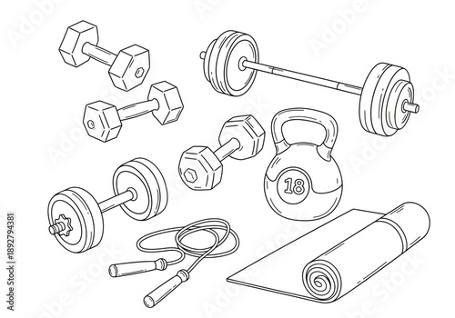 Outline drawing of various fitness equipment including dumbbells a barbell a kettlebell and a mat