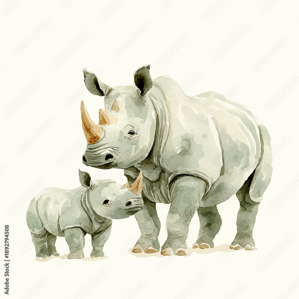 Fototapeta premium watercolor vector of A Mother Rhinoceros With Her Kid, isolated on a white background.