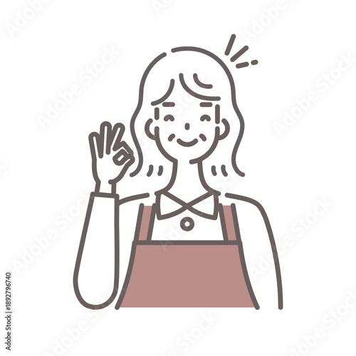 OKサインを出して微笑むエプロン姿のシニア女性のイラスト