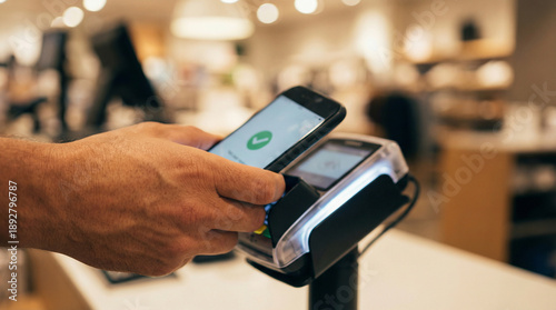A person makes a payment at the checkout counter with a mobile phone in a retail store during the day