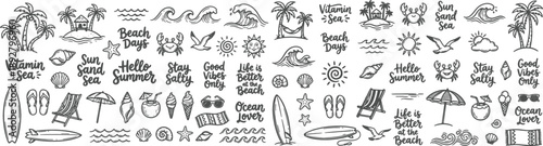 A tropical beach and surf-themed vector set with palm trees, waves, surfboards, a van, flamingos, and ocean elements with quotes, in a bold graphic style. Perfect for t-shirt prints, posters, stickers