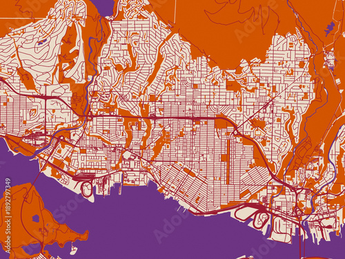 Urban map poster of North Vancouver, British Columbia with warm ivory base with deep wine street grid, clay-orange areas and dusky purple waterways