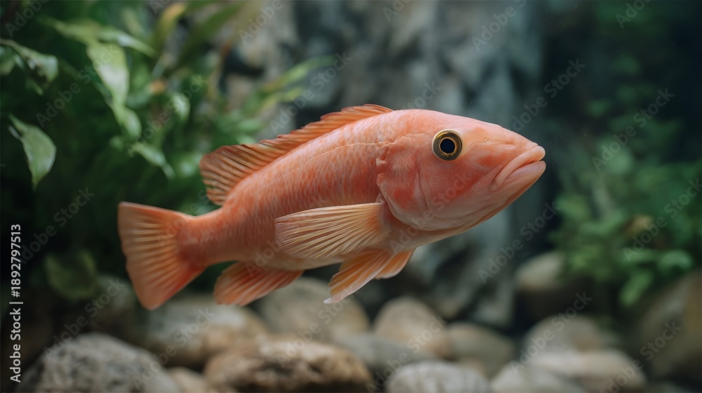 Obraz premium A solitary vibrant orange fish swims serenely in a clear freshwater aquarium surrounded by lush green aquatic plants and natural stones