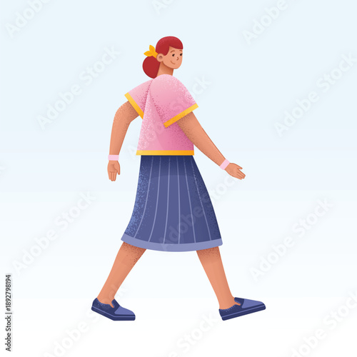 Woman Walking Pink Polo Blue Skirt Vector